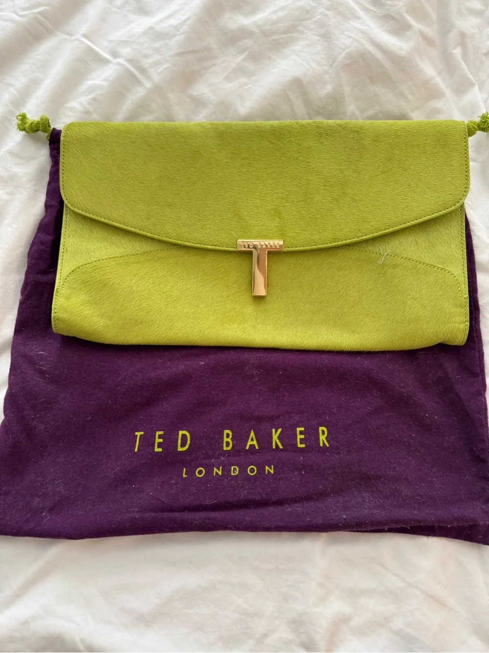 Ted Baker Lime Green Fold-Over Clutch with Gold T-Clasp.  Never Used.
